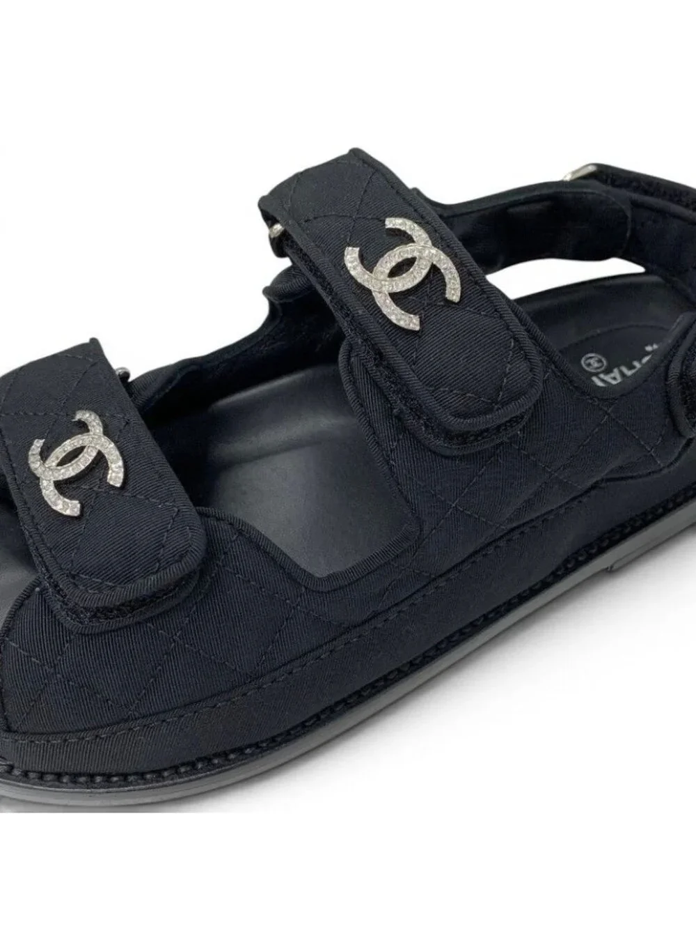 Chanel Sandals Shoes Fabric Black CC Logo Rhinestone Velcro Flat